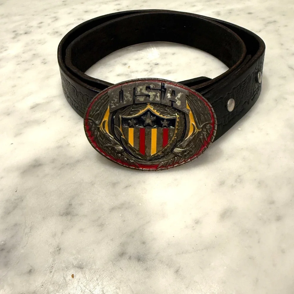 Vintage USA eagle belt buckle black leather‎ biker western Americana belt